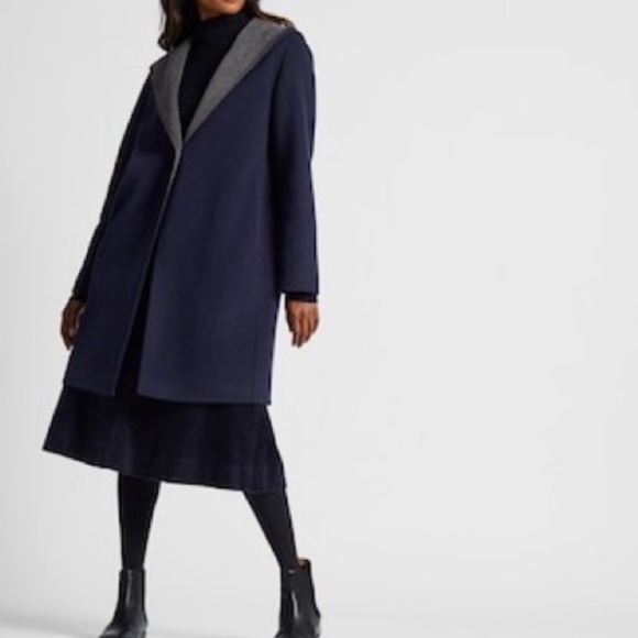 Uniqlo szXS brush wool double faced hooded coat in navy/ gray - Picture 12 of 14
